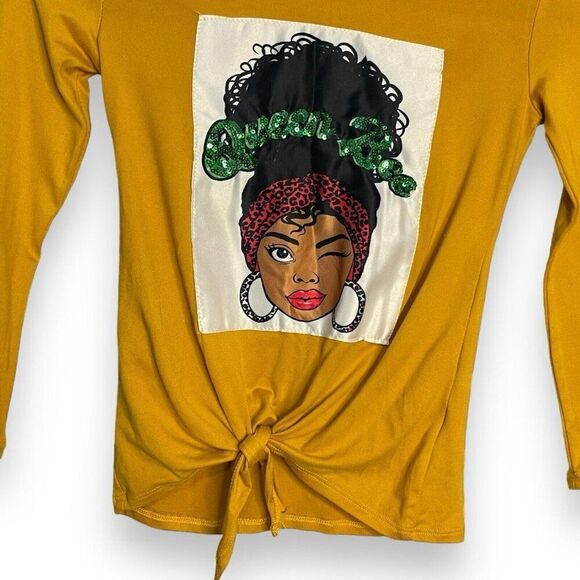 Queen Bee Cute For You Graphic Print Top Girls M Golden Yellow Tie Front Casual - Picture 3 of 8